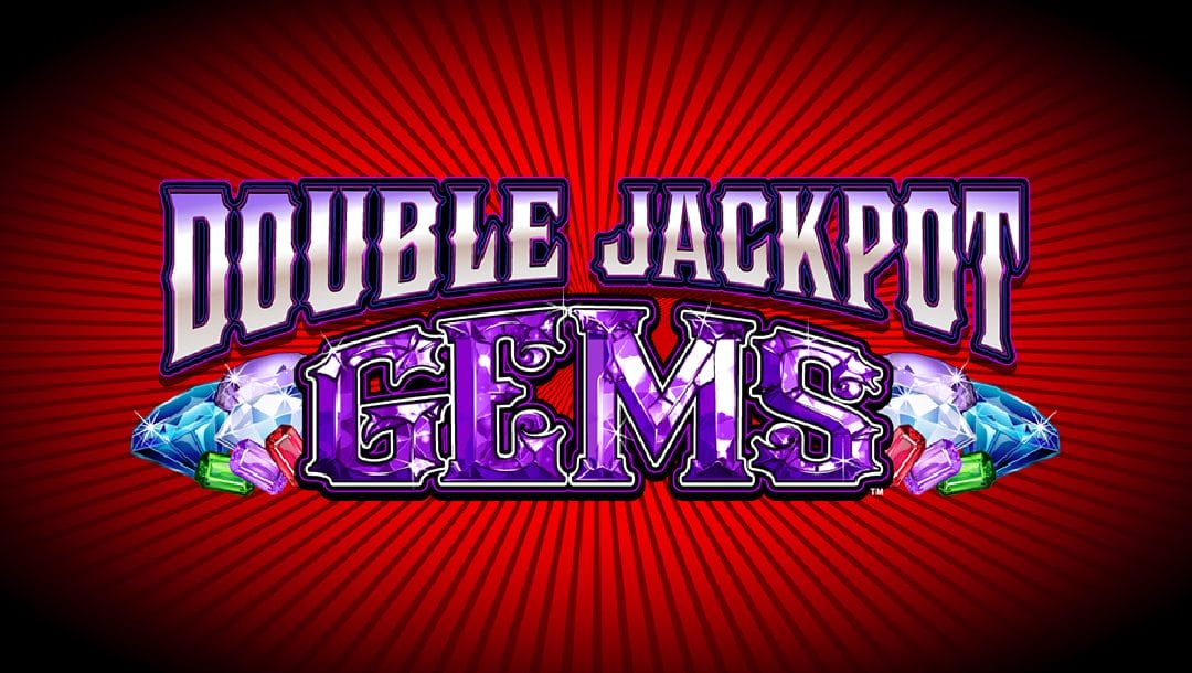 The shiny title "DOUBLE JACKPOT GEMS" is in a bold purple and silver font, flanked by colorful, sparkling jewels.