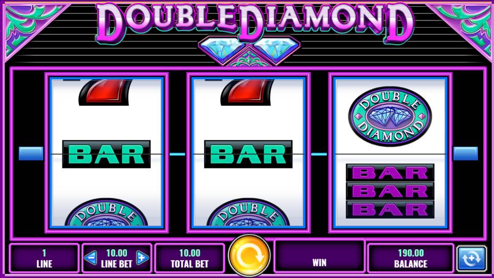 Tangkapan layar dari game slot berlian ganda IGT yang menunjukkan tiga gulungan dengan batang dan simbol berlian ganda pada satu payline tunggal.