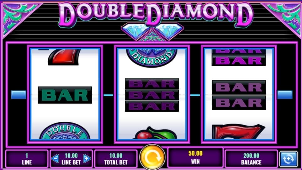 Screenshot of the Double Diamond slot game by IGT showing three reels with BAR symbols and a $50 win displayed on screen.