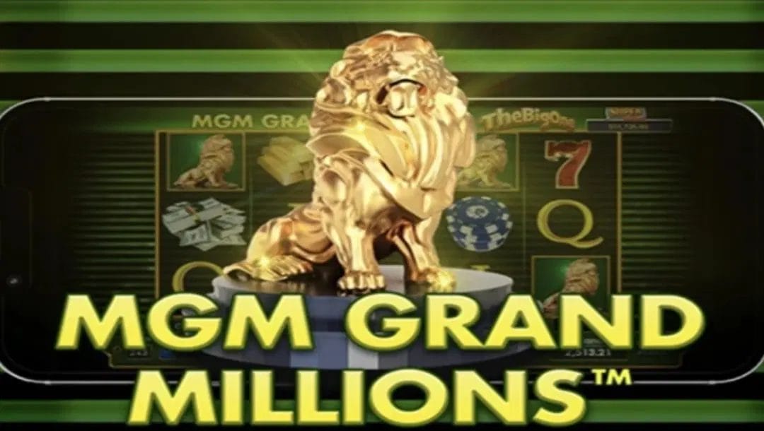 A majestic golden lion statue stands on a pedestal in front of a smartphone screen, with the title "MGM GRAND MILLIONS" below it.