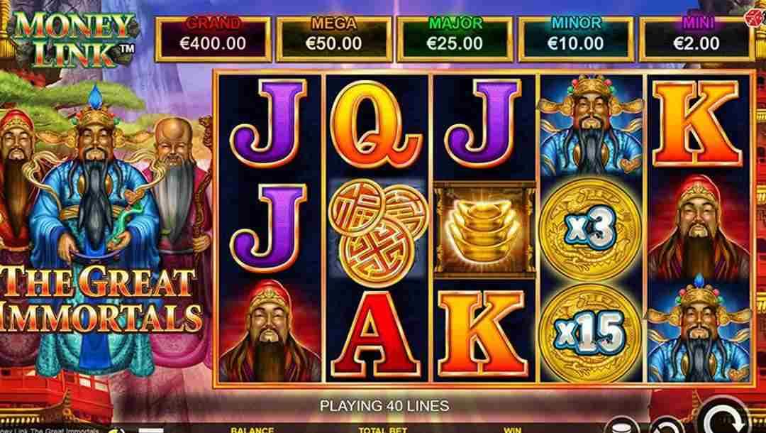 An in-game screen for "Money Link The Great Immortals", with a colorful slot reel filled with Asian-themed symbols and characters. The top displays jackpot amounts for "GRAND," "MEGA," "MAJOR," "MINOR," and "MINI" prizes.
