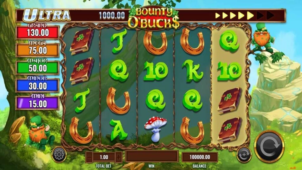 Layar slot Bounty O'Bucks yang menunjukkan kisi -kisi reel 5x4 dengan simbol seperti buku, sepatu kuda, jamur, dan peringkat kartu, ditambah tingkatan jackpot dari mini 15x ke Grand 130x.