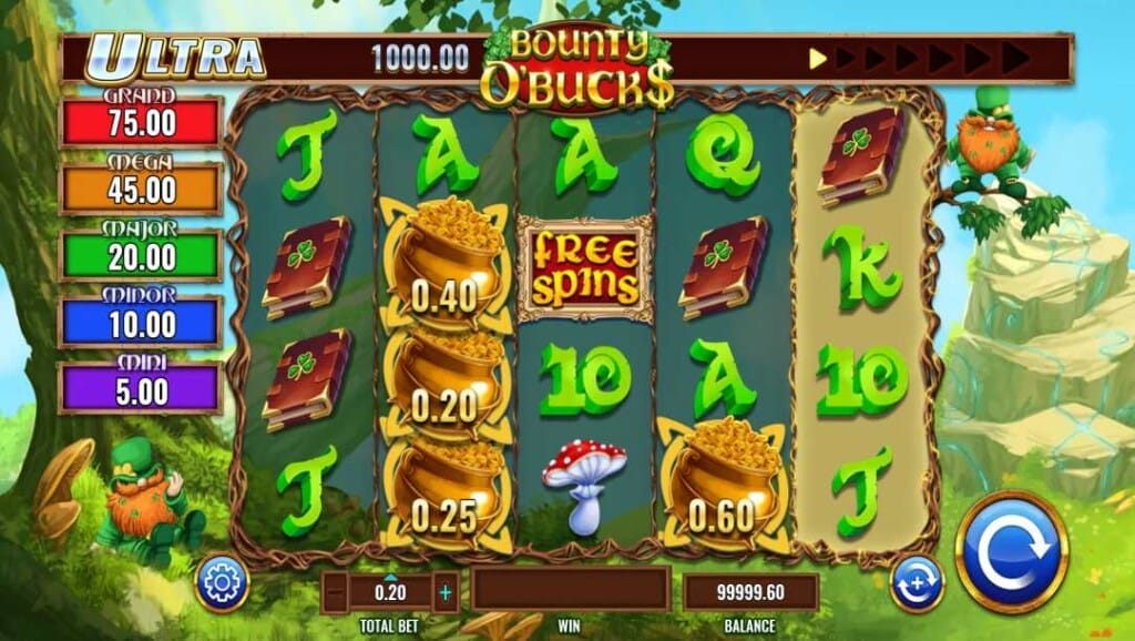 Slot Bounty O'Bucks menampilkan grid reel 5x4 dengan nilai tunai pot emas, simbol putaran gratis, dan tingkatan jackpot bertaruh dari mini 5x ke Grand 75x di sisi kiri.