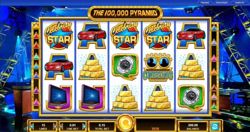 The 100,000 Pyramid slot game interface showing vibrant symbols, gold bars, contestant icons, and a bright game-show-studio backdrop.