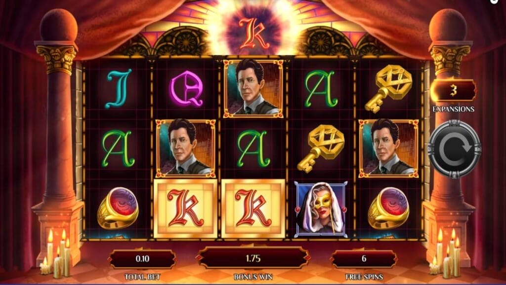 Book of Unseen free spins round showcasing a different setting in which three expansions remain and there are six free spins left. 