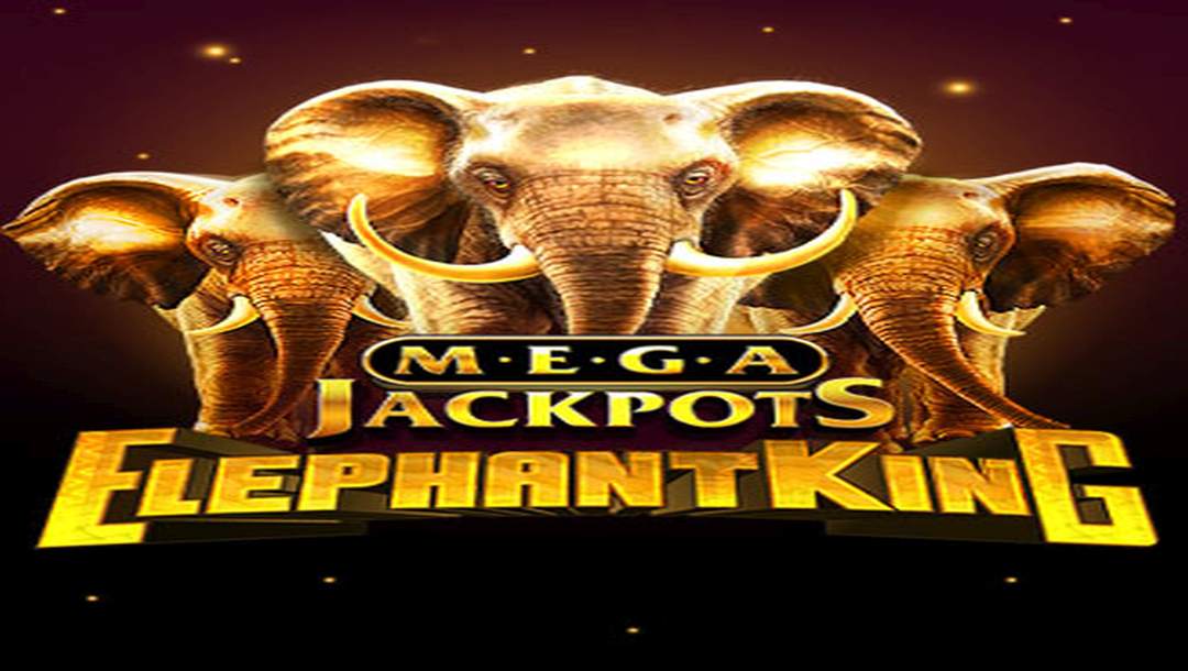 The game title “Mega Jackpots Elephant King” appears in gold letters against a background with three mighty elephants beneath an African sky.