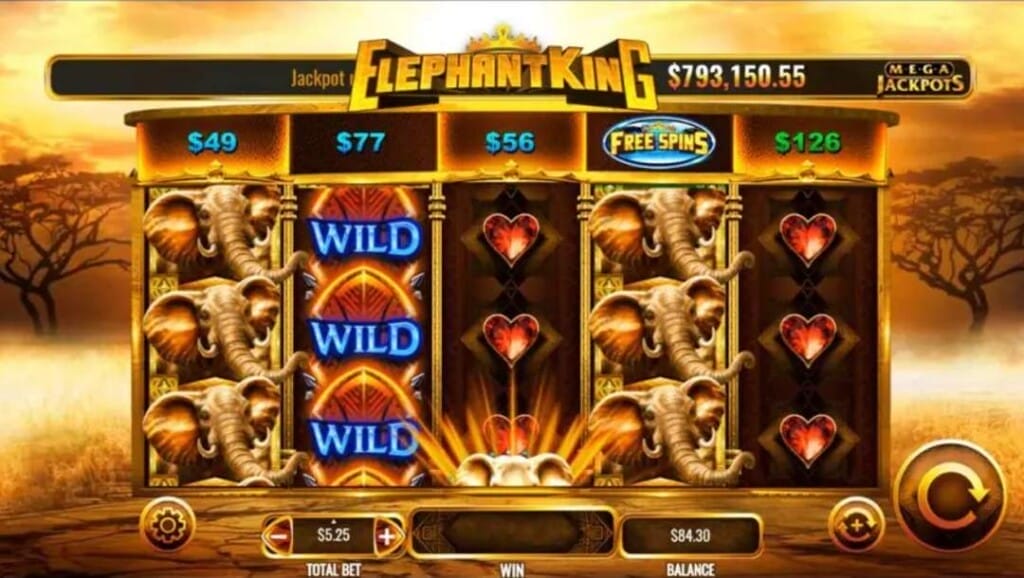 IGT’s Mega Jackpots Elephant King slot showing elephants, wilds, and jackpot totals on the reels.