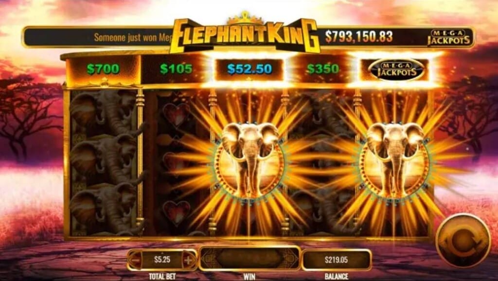 IGT’s Mega Jackpots Elephant King slot with elephant scatters, prize amounts, and the Mega Jackpots symbol across the reels.