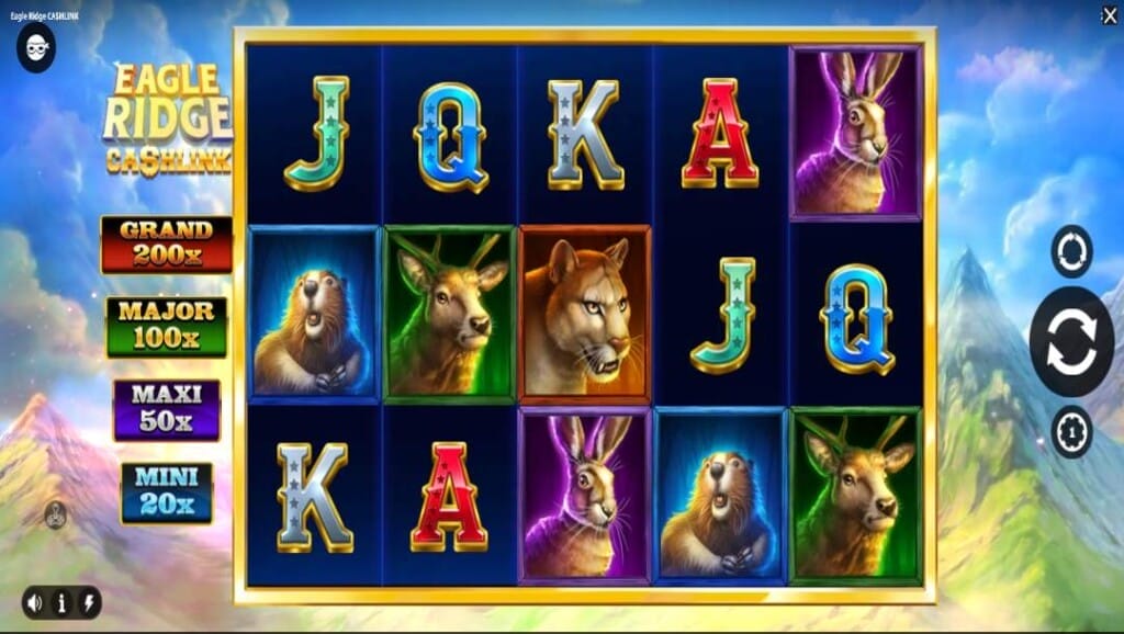 Eagle Ridge CashLink slot reels with wildlife symbols and jackpot tiers displayed on the left side.