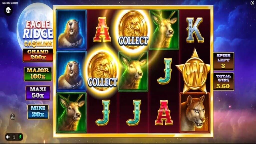 Eagle Ridge CashLink slot with Collect coins, wild star, and jackpot tiers shown on the left during free spins.