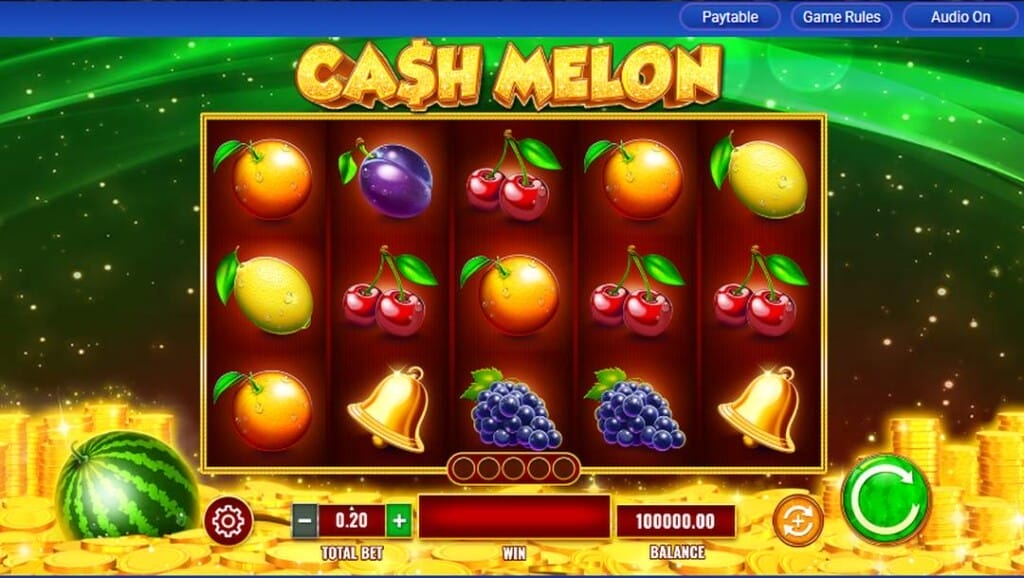 Cash Melon online slot interface with bright fruit symbols, golden reels, and a starlit green background filled with stacked coins.