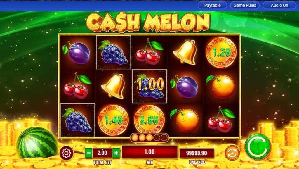 The Cash Melon slot game screen showing fruit symbols, coin values, and a 1.00 win highlighted against a bright green and gold backdrop.