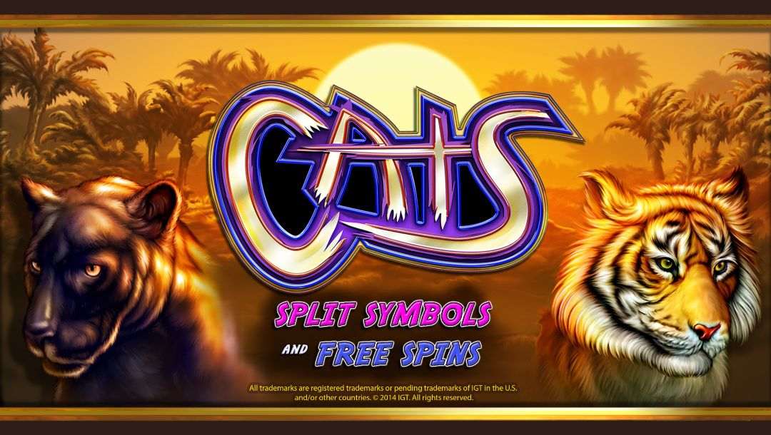 The title screen for the Cats slot game. A panther is on the left-hand side of the game logo. and a tiger is on the right-hand side. The background is a jungle scene at sunset.