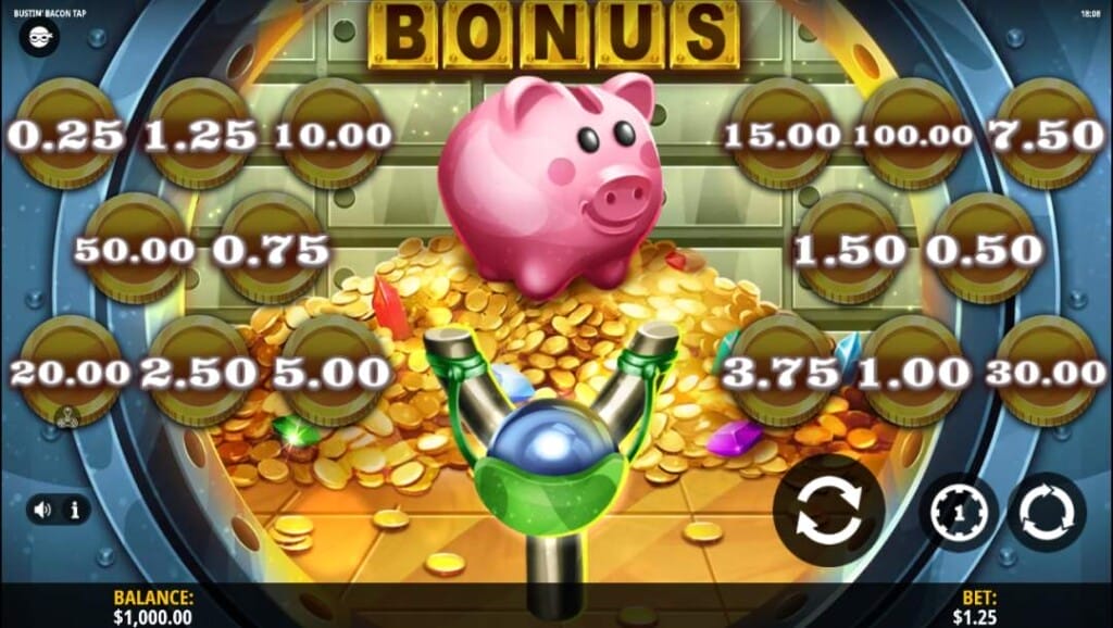 Piggy bank bonus screen in Bustin’ Bacon Tap showing a slingshot and gold coins with visible cash prizes from $0.25 to $100 on a $1.25 bet.