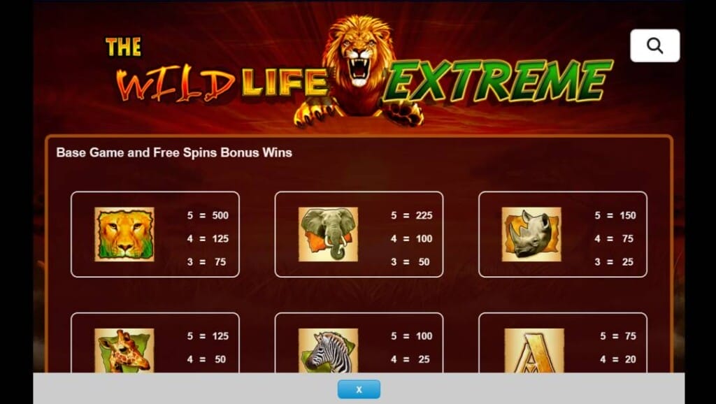 A screenshot of the paytable in The Wild Life Extreme. Various animal-themed slot symbols and their payouts are displayed.