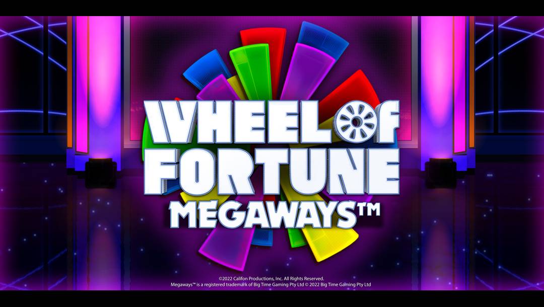 The Wheel of Fortune Megaways title screen. The background is a starry night sky reflecting off the shiny black stage with purple columns and beams of light cutting across the roof. The foreground displays the game’s title.