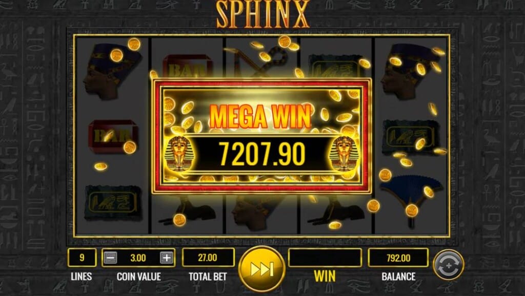 A screenshot of a Mega Win in the Sphinx online slot. A notification with the text Mega Win and a payout of 7207.90 appears on the reels surrounded by gold coins.