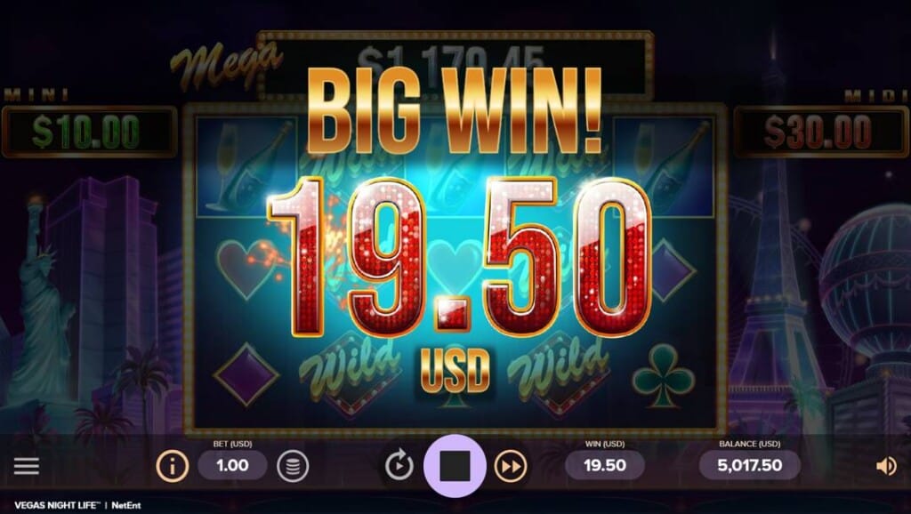 A screenshot of a Vegas Night Life big win. The game background and reels have a black filter over them. In front of the faded game screen in bright colors is “Big Win! 19.50 USD”. 