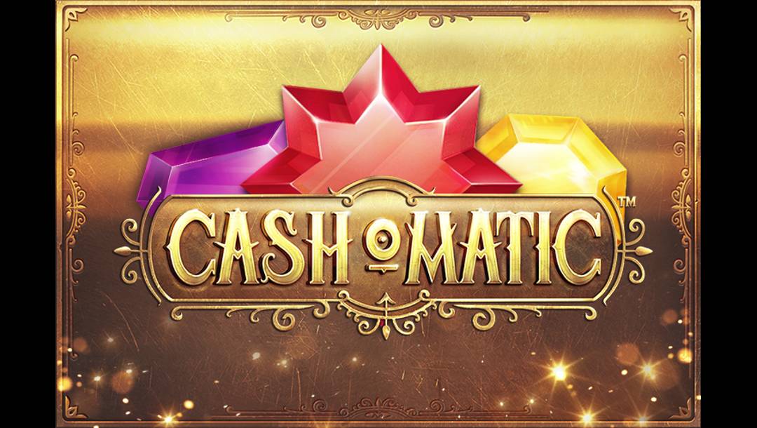 The title screen for the Cash O Matic slot game. The game title is spelled out in gold letters with red, purple, and yellow gems behind it. The gold background has shadows along the base, a thin golden border, and specs of glitter along the bottom.
