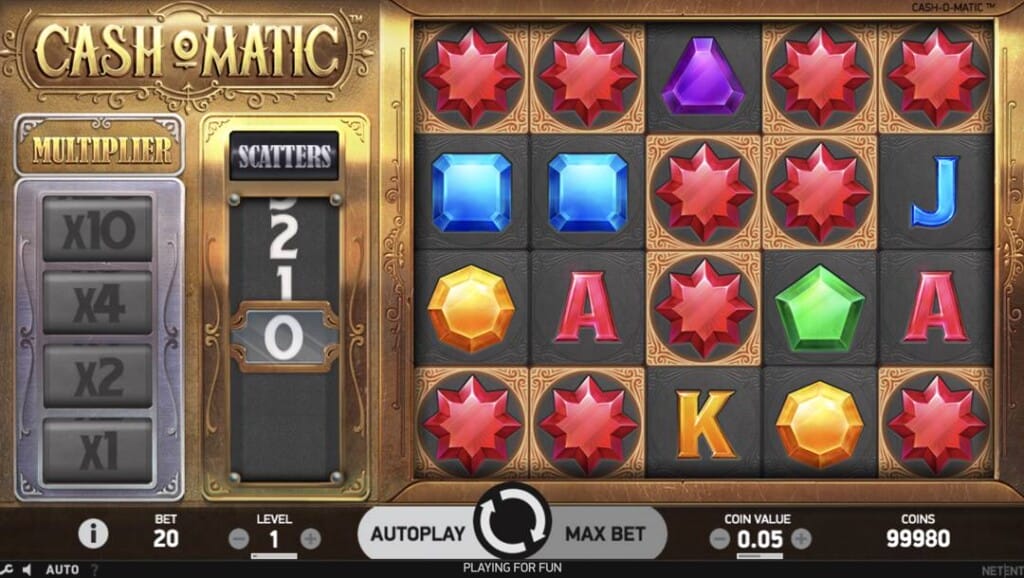A screenshot of the gameplay of the Cash O Matic slot game. The 5x4 grid is filled with gems and playing card symbols on the right-hand side of the screen. The scatter and multiplier counters appear to the left of the grid. 