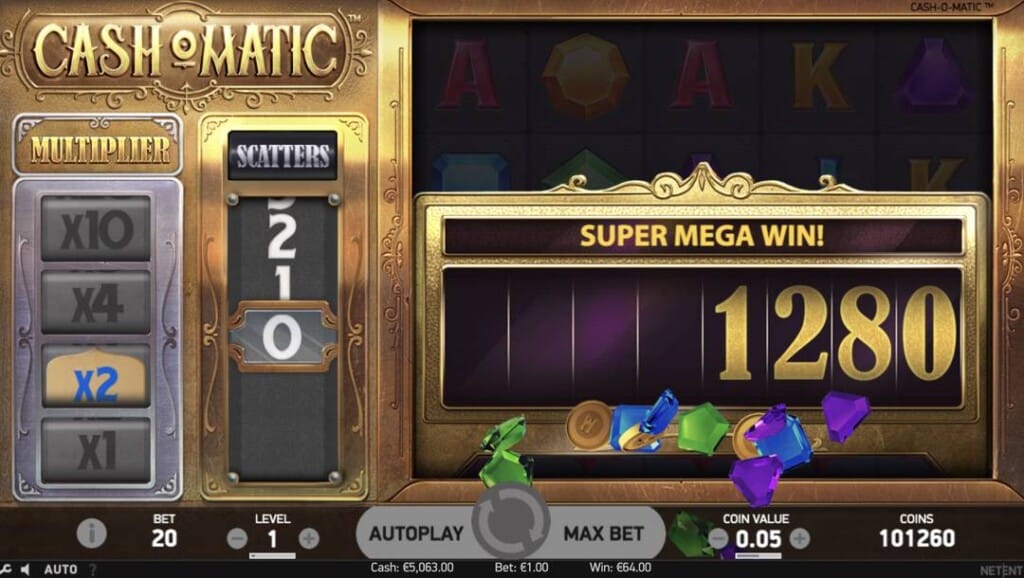 A screenshot of a Super Mega Win on the Cash O Matic slot game. The win banner appears over the slot reels, showing a prize of 1,280 coins. 