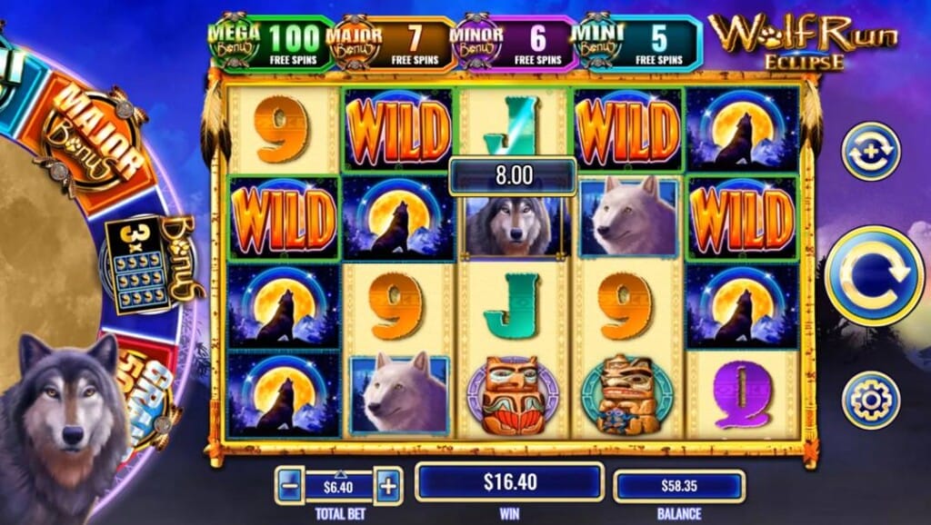 A screenshot of the slot reels in Wolf Run Eclipse. The game is set against the silhouette of a forest as night falls. In the foreground on the left is a glimpse of the Bonus Wheel and its potential prizes, as well as the slot reels with themed and regular slot symbols. A wolf stands in front of the Bonus Wheel.
