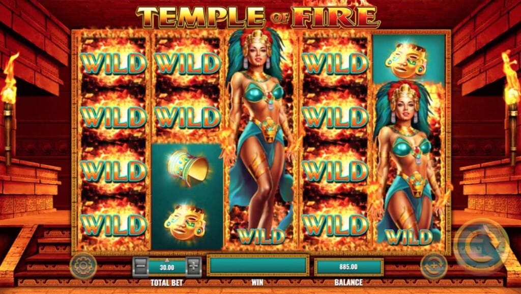 A screenshot of a wild win in the Temple of Fire slot. The backdrop is the interior of an Aztec temple with burning torches that bathe the walls in an orange light. The slot reels in the foreground are filled with regular and expanding Fire Goddess wild symbols, as well as other Aztec-themed symbols.