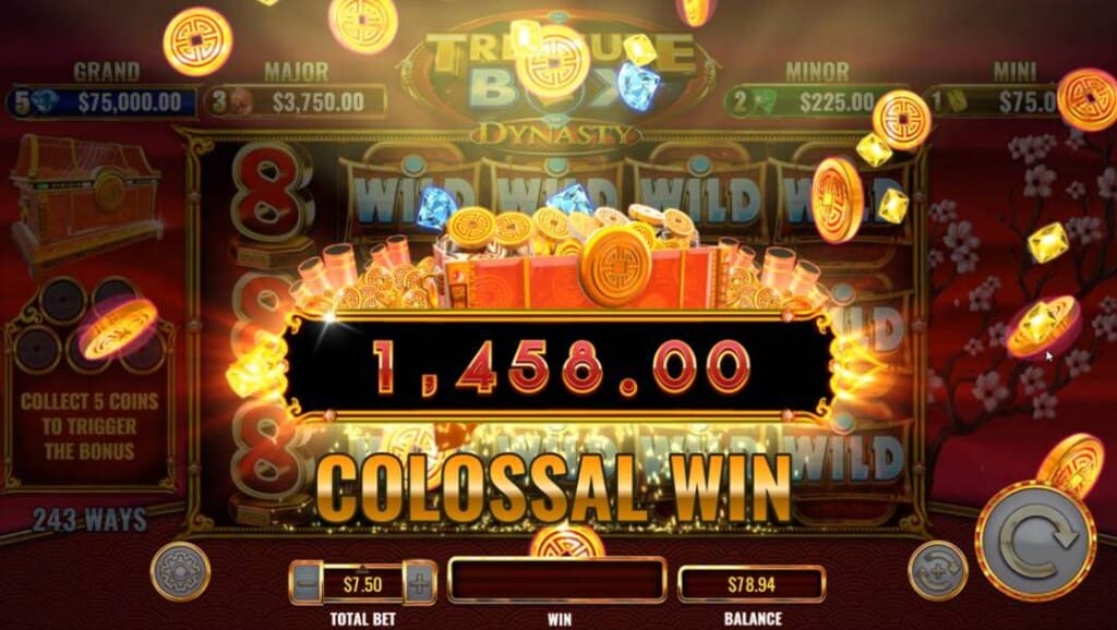 A screenshot of a colossal win worth 1,458 credits in Treasure Box Dynasty.