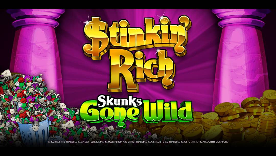The title screen for Stinkin’ Rich Skunks Gone Wild. The background is a room with two purple columns, one side filled with trash and the other with gold coins. In the foreground is the game title.