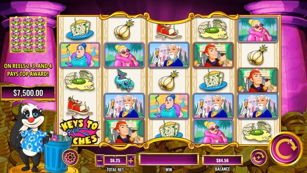 A screenshot of the Stinkin’ Rich Skunks Gone Wild slot reels. A room with two purple columns and a floor covered in gold coins is the background for this online slot. In the foreground are slot reels filled with various cartoon-style slot symbols. 