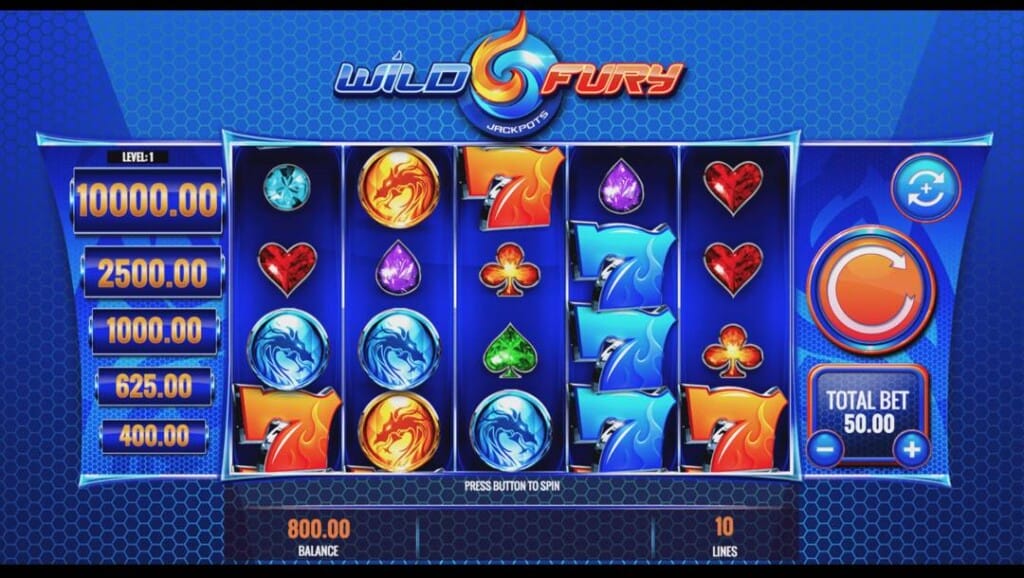 A screenshot of the Wild Fury Jackpots slot reels. The background is shades of blue with hexagonal shapes. In the foreground are the game’s slot reels filled with various futuristic playing card symbols, dragon orbs, and blue and orange 7s. Jackpot prizes are listed to the left of the reels.