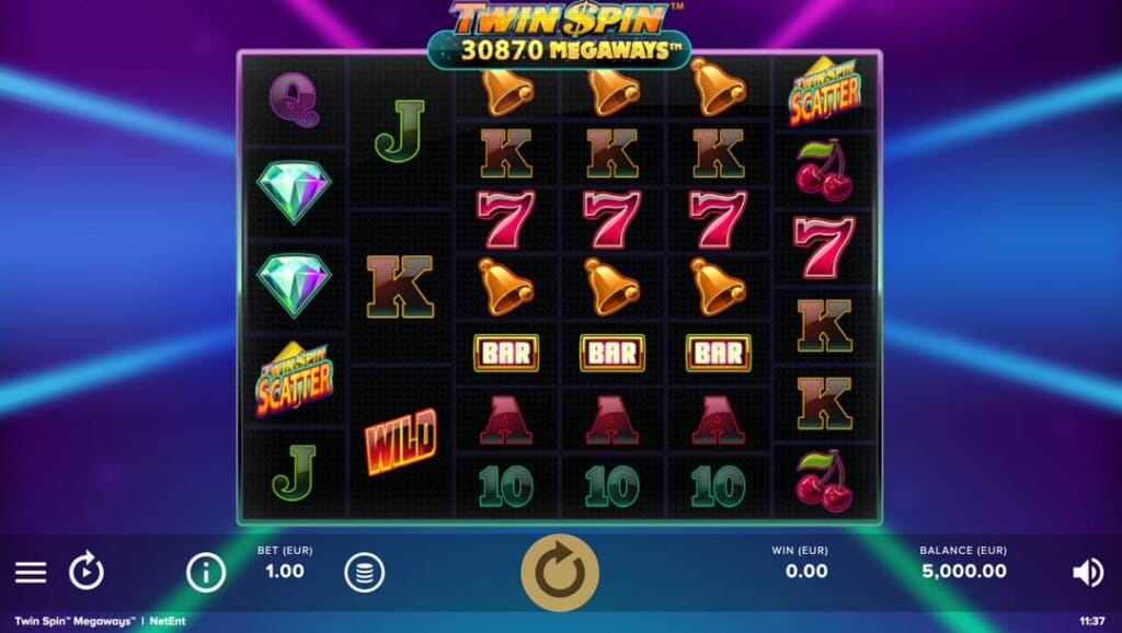 A screenshot of the slot reels in Twin Spin Megaways. The game’s background is filled with different colored neon lights. In the foreground are the game’s reels that feature a variety of classic and playing card slot symbols.