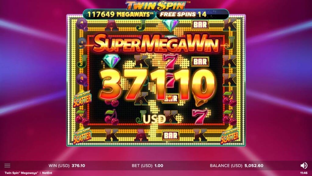 A screenshot of a Super Mega Win in Twin Spin Megaways. The background features bright hues of red and purple.