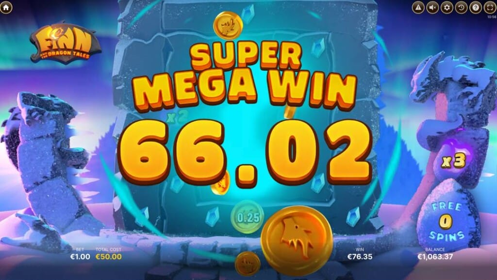 A screenshot of a Super Mega Win in Finn and the Dragon Tales. The background is a magical world with blue and purple skies and a magical rock. In the foreground are the words “Super Mega Win” and a payout of 66.02.