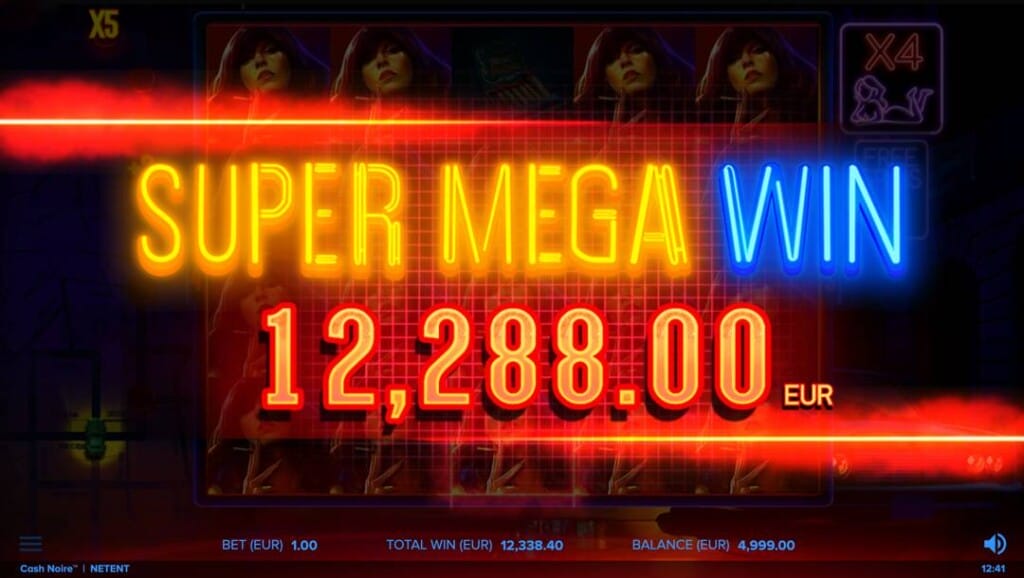 A screenshot of a Super Mega Win in Cash Noire. The background is obscured with a black filter.