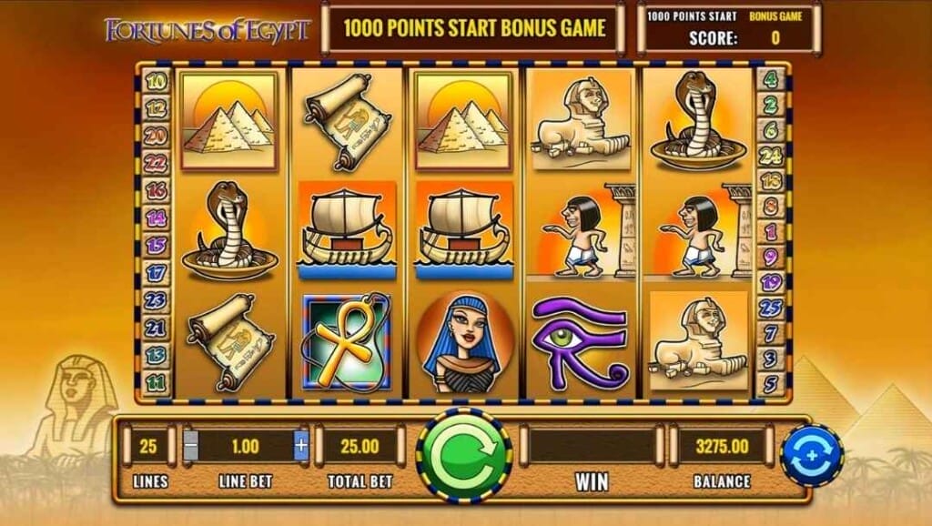 Fortunes of Egypt base game screen showing the main game interface with its hand-drawn aesthetic. Illustrations of the Sphinx and pyramids make up the background, while various themed symbols line the reels. Payline numbers are displayed on either side of the reel grid, with the main controls lined up below the reels. 
