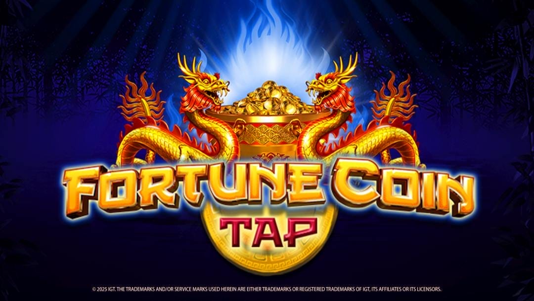 Banner with the online slot game title “Fortune Coin Tap” appearing with two golden Asian dragons against a midnight-blue background.