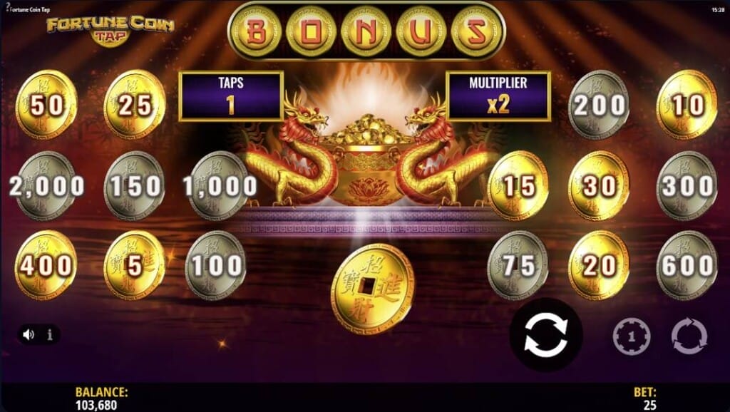 Fortune Coin Tap Bonus Feature showing active tap count and x2 multiplier above Dragon Pot with highlighted gold coin prizes.