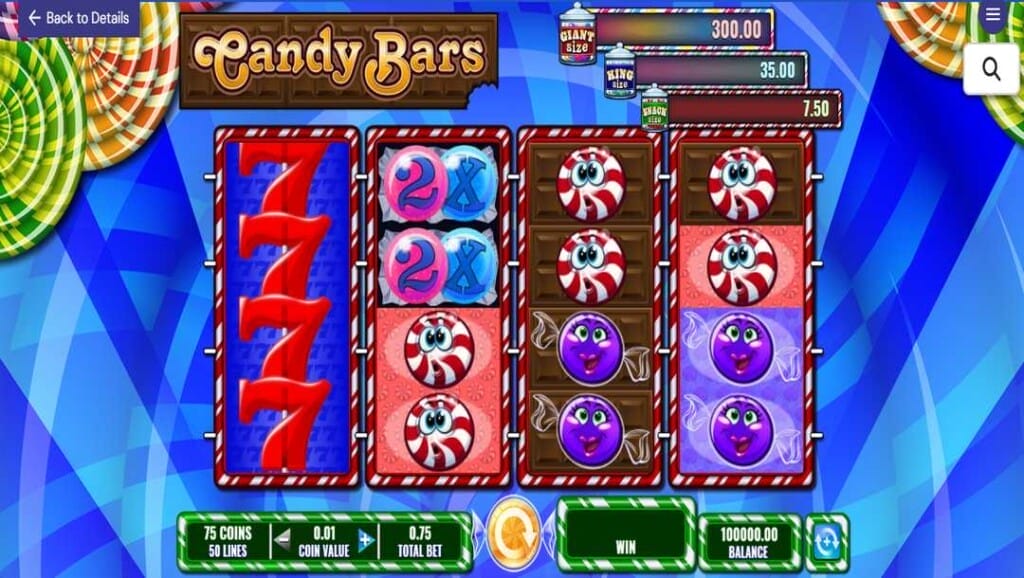 Candy Bars base game showing 4x4 reels with symbols, red 7s, gumball wilds, candy icons, and progressive meters at the top.