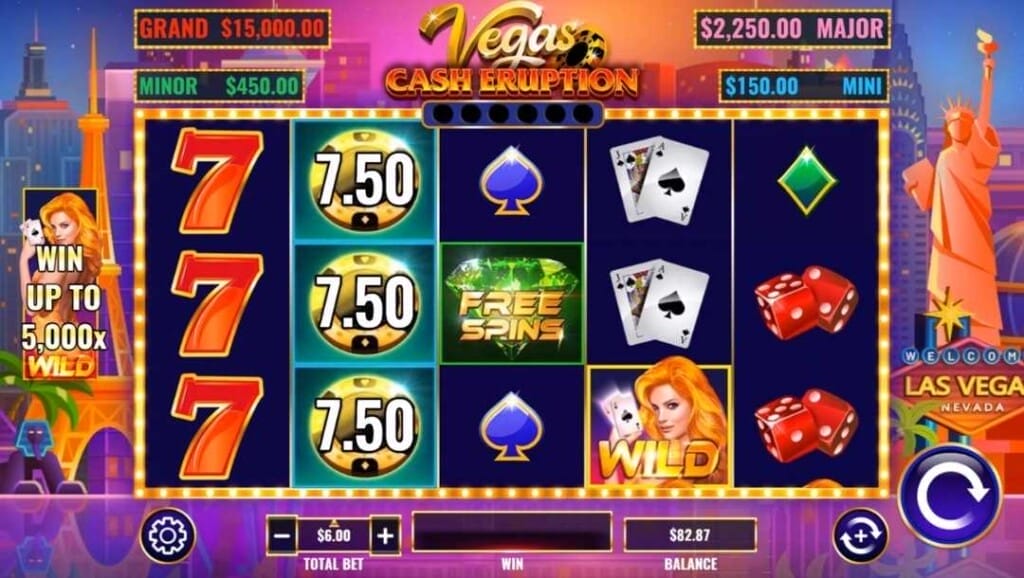 Cash Eruption Vegas base game screen with the reel grid lit up by marquee lights, featuring a range of casino-themed symbols like card suits and dice. Controls are placed below the reels, with jackpot prizes placed in lightboxes above the reels, while familiar Las Vegas landmark silhouettes line the digital Vegas strip in the background.