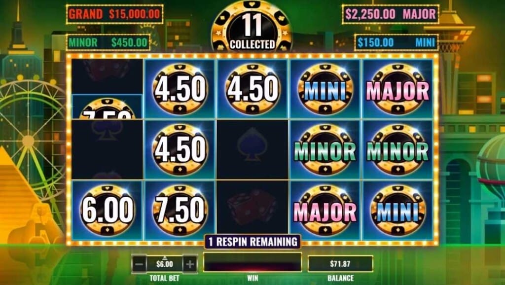 Cash Eruption Vegas bonus reel set, from the Cash Eruption feature, where regular symbols are replaced with poker chips holding cash prizes, including mini, minor, and major jackpots. The Vegas strip features in the background, covered in a hazy green hue to signal the alternate reels and game mode.