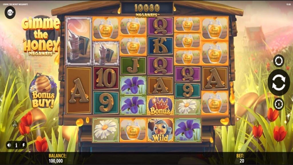 Gimme the Honey Megaways base game showing stacked reels with honey jars, flowers, card symbols, and a Queen Bee Wild.