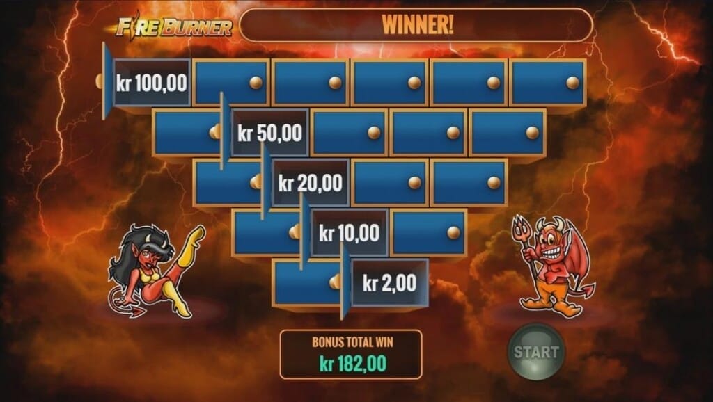 Fire Burner Slot bonus game screen showing rows of mystery boxes in an upside-down pyramid formation. The pyramid grid is set against a stormy red sky in the background, with the devil mascot and his lady counterpart looking on from either side of the grid.