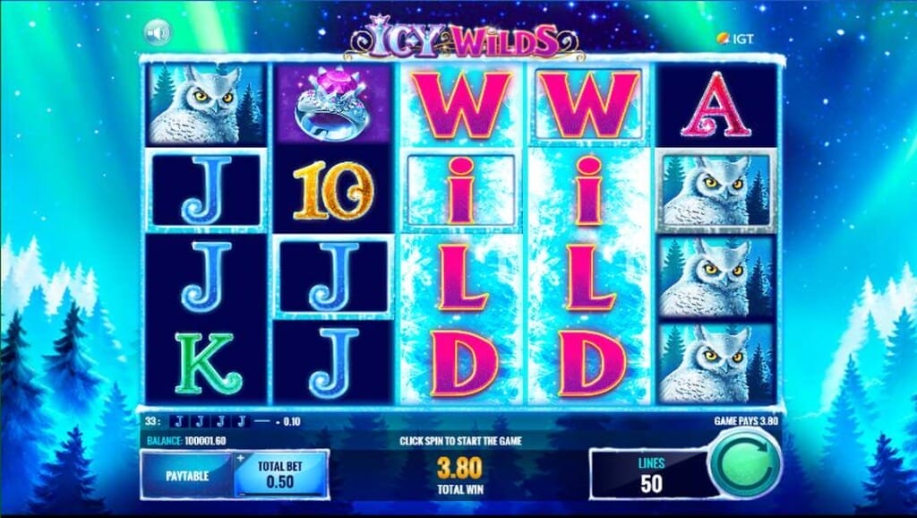 Icy Wilds base game showing stacked Wild reels forming a winning combination with icy symbols across the 5-reel grid layout.