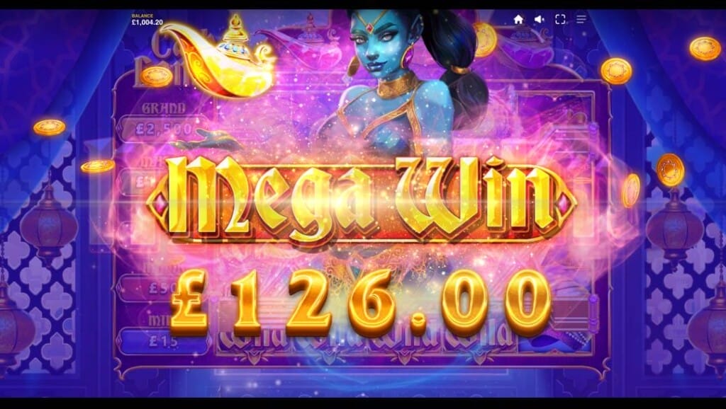 A screenshot of a Mega Win in Cash Lamps. The background has a blue light over it, obscuring the window of the sultan’s palace. In the foreground is the beautiful genie, the golden lamp, and the text “Mega Win” with its payout.