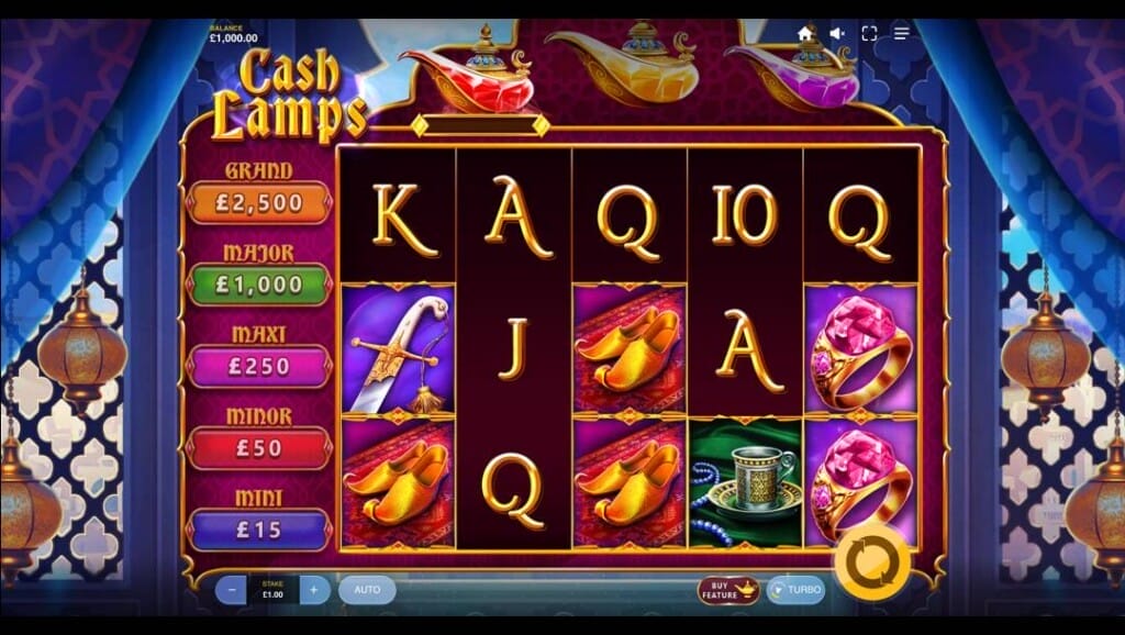 A screenshot of the Cash Lamps slot reels. The background is a window in a sultan’s palace overlooking an ancient Middle Eastern city. There are blue silk cloths and lamps hanging from the ceiling. In the foreground are the game’s slot reels. The reels are filled with themed and playing card symbols. The jackpots are listed to the left of the slot reels.