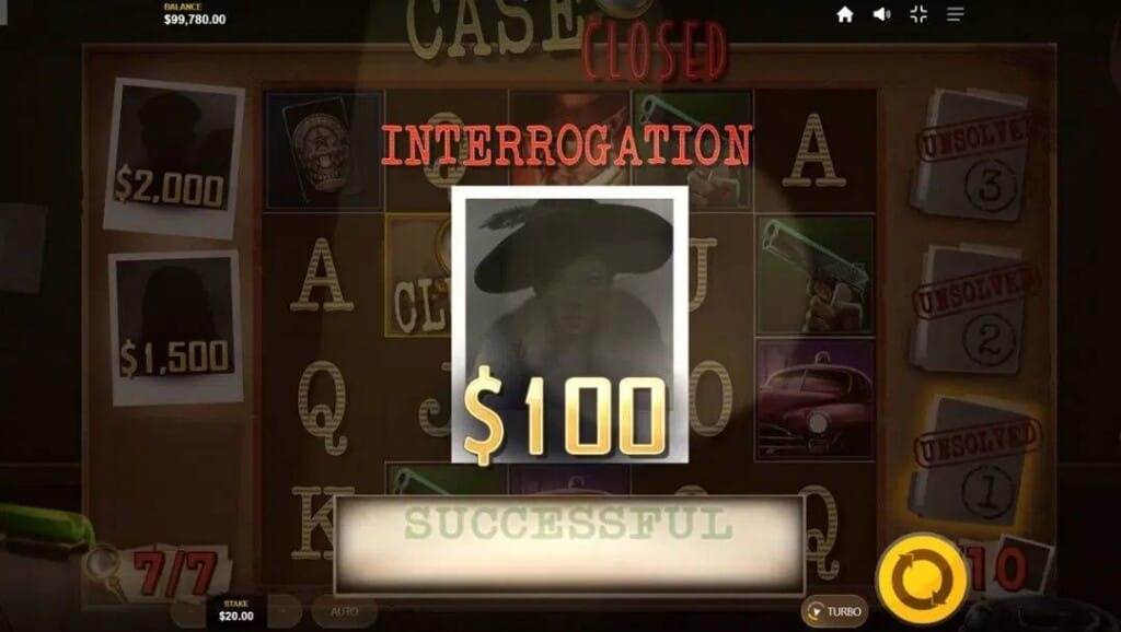 A screenshot of the Interrogation feature in Case Closed. A photo with a silhouette shows a $100 on it and the word “Successful” below it.