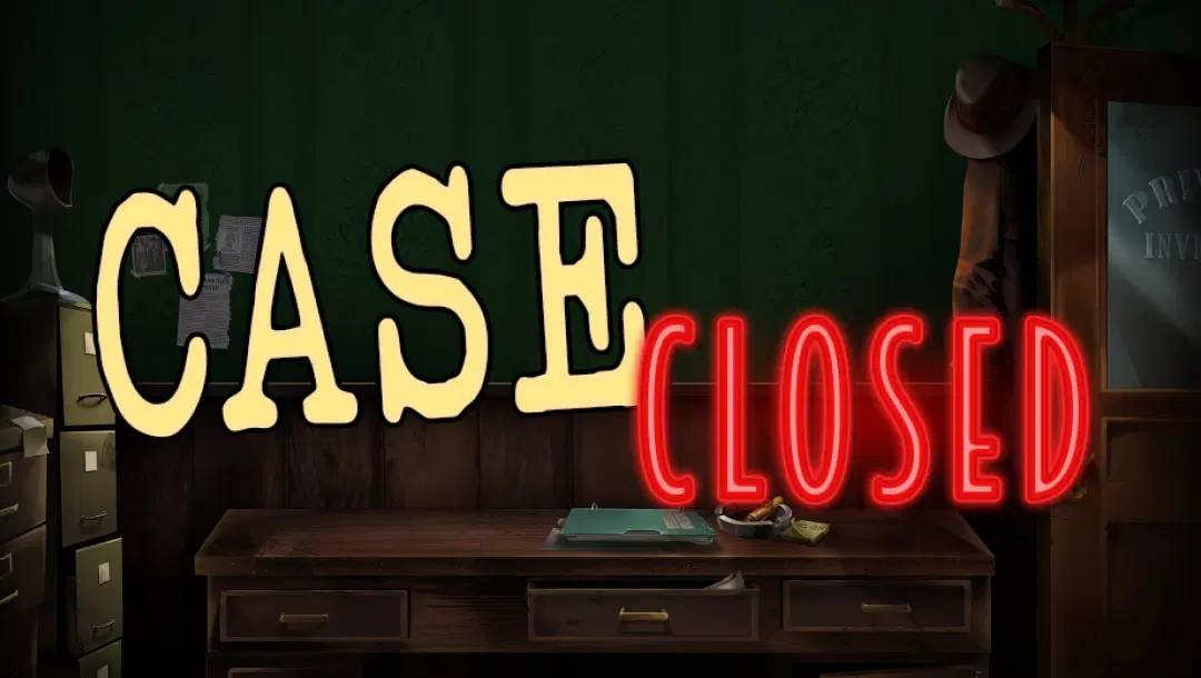 The Case Closed title screen. The setting is a detective’s office with his trenchcoat and hat hanging on a coat rack by the door, a desk with case files and a cigar, and filing cabinets and boxes filled with old case files.