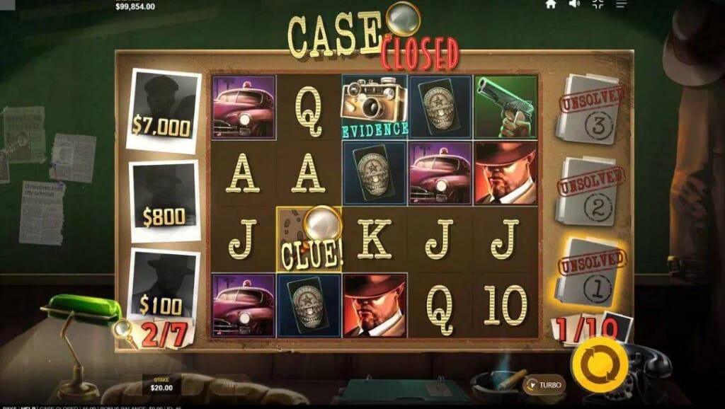 A screenshot of the slot reels in Case Closed. The background is the interior of a detective’s office with newspaper clippings, the detective's desk, and a coat rack with the detective’s trench coat and hat. In the foreground are the slot reels filled with themed and regular slot symbols. There are silhouettes of suspects in photos to the left and case files to the right of the reels.