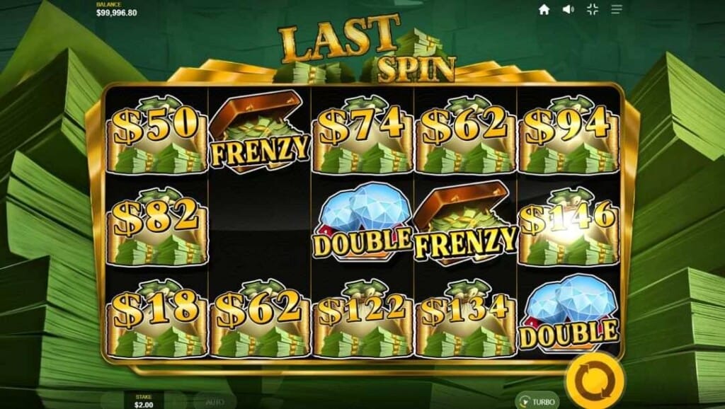 A screenshot of the Cash Spins feature in the Cash or Nothing slot. The background shows stacks of green banknotes. In the foreground are the slot reels with Cash Scatter symbols with various cash rewards, as well as Frenzy and Double Diamond scatters.